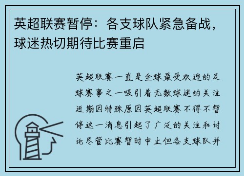 英超联赛暂停：各支球队紧急备战，球迷热切期待比赛重启