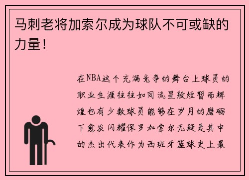 马刺老将加索尔成为球队不可或缺的力量！